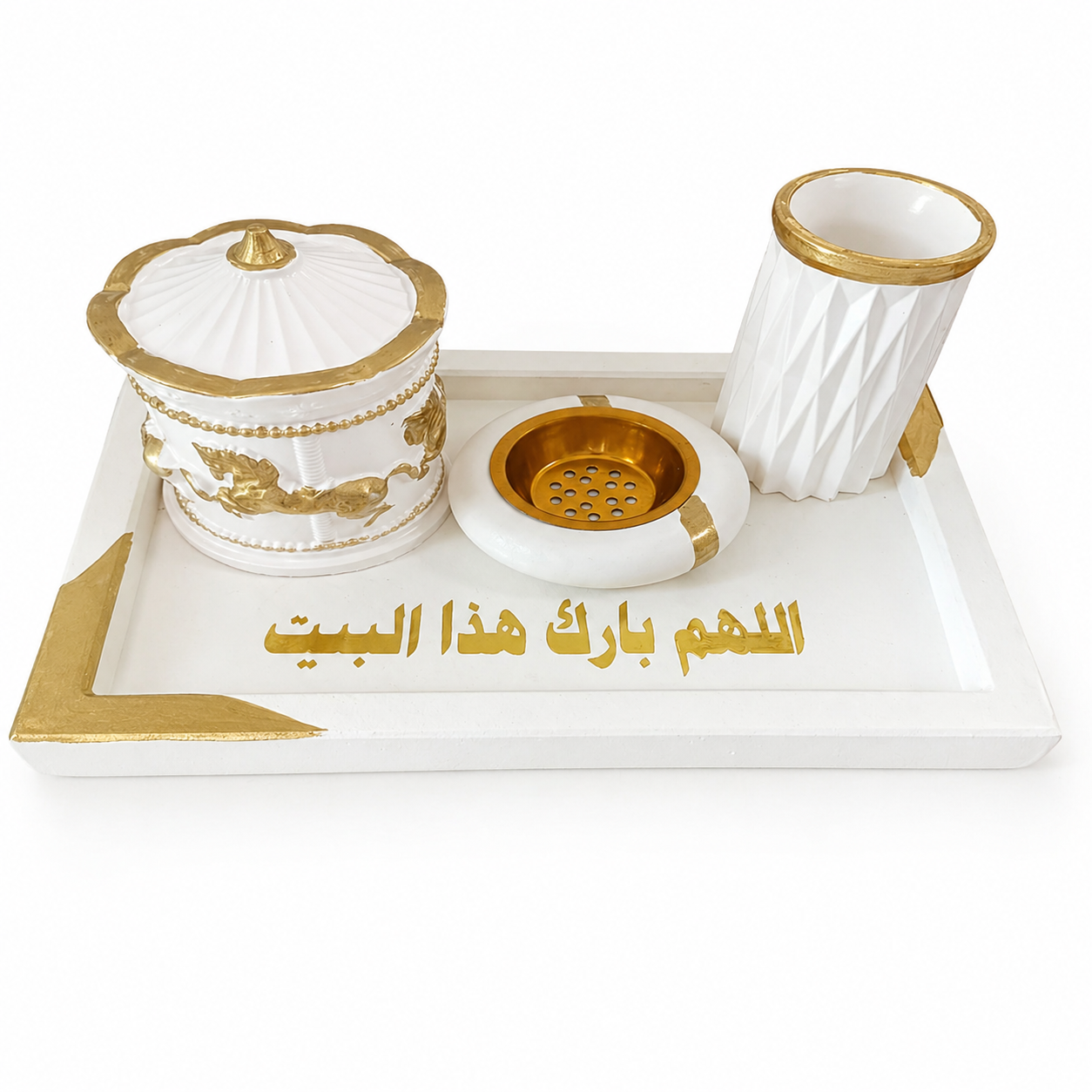 Elegant White & Gold Concrete Home Blessing 4-Piece Decorative Tray Set
