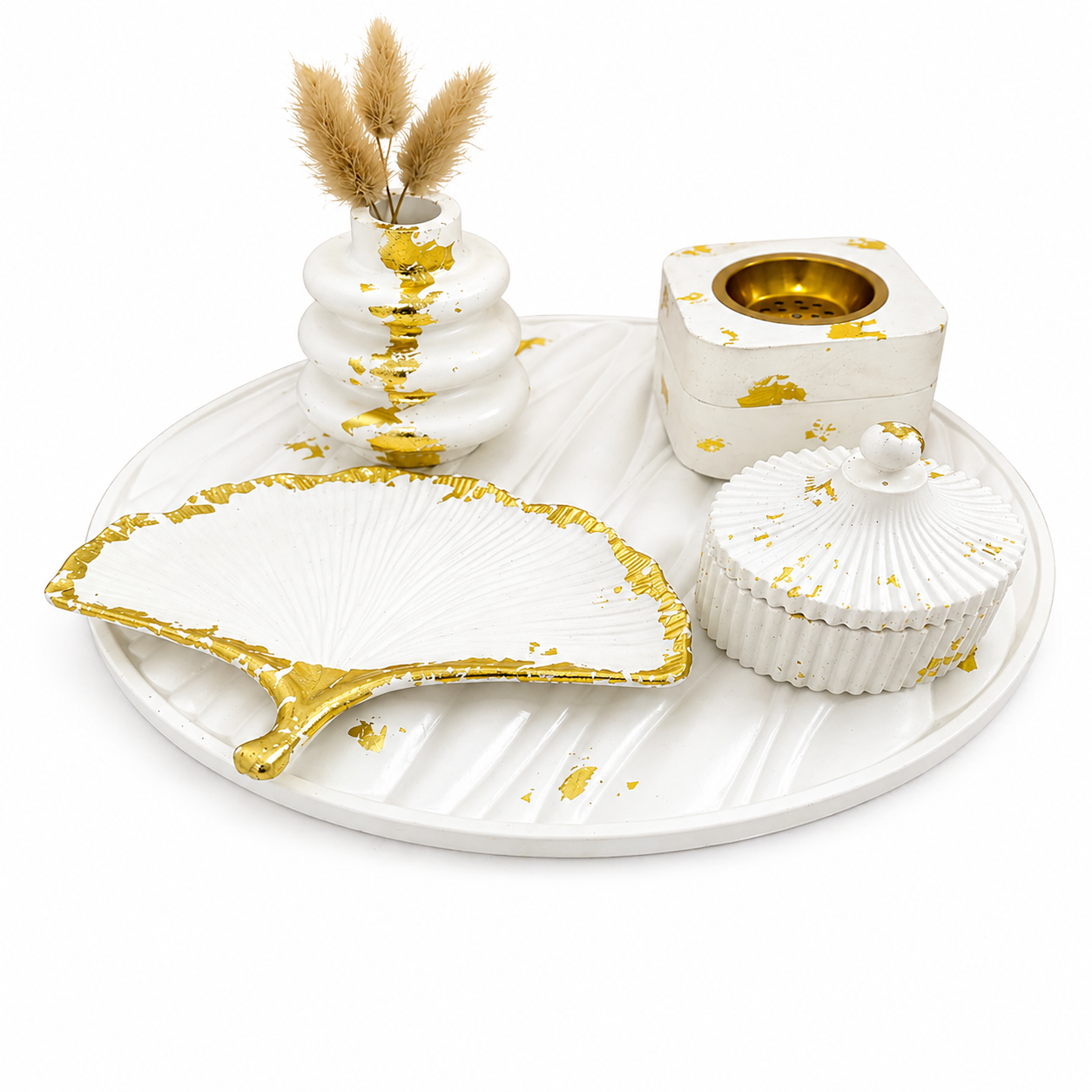 Luxury White & Gold Concrete 5-Piece Decorative Tray Set